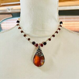 Handcrafted repurposed faceted glass pendant genuine pearl garnet bead necklace